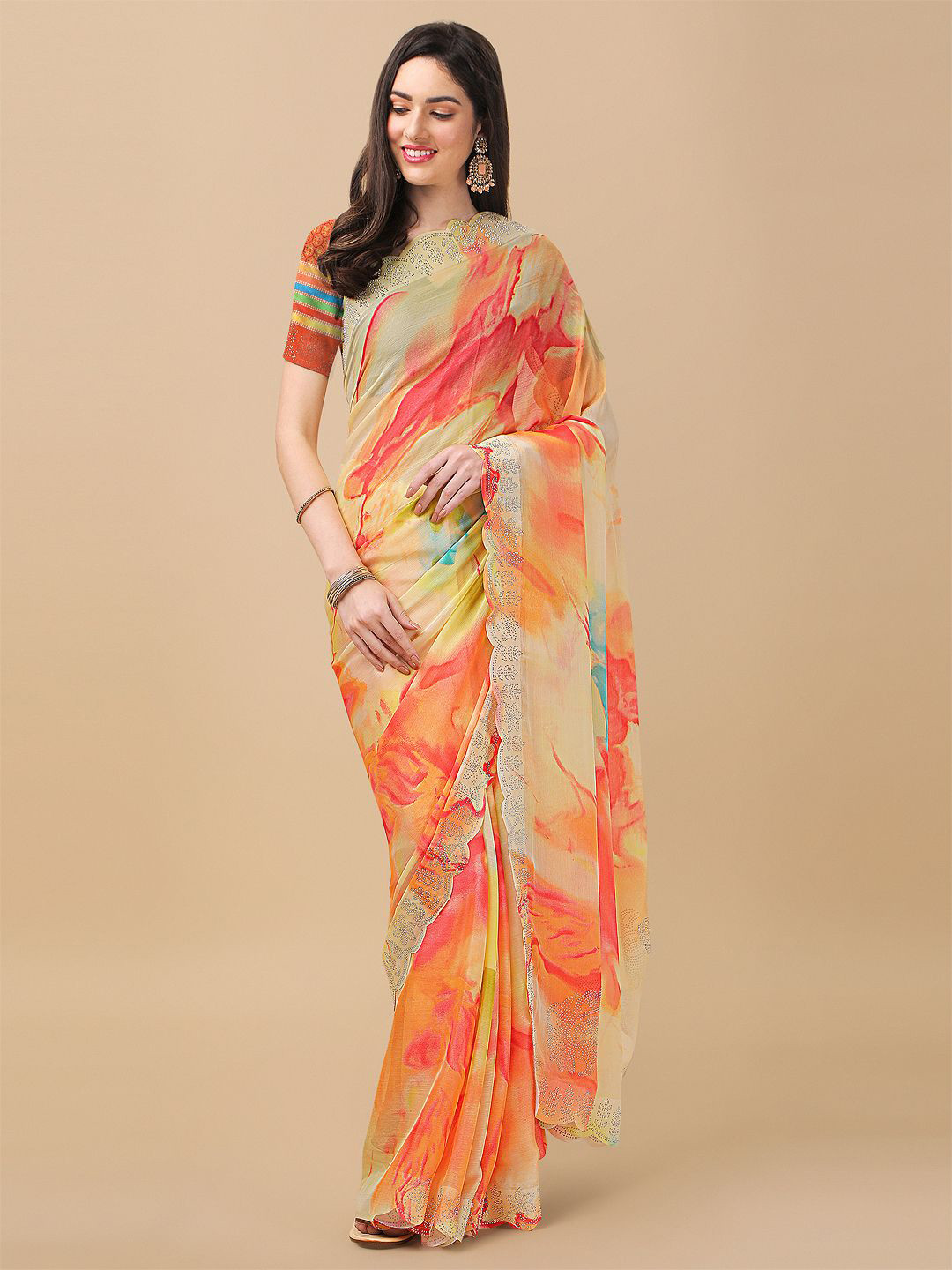 Mitera Yellow & Pink Tie and Dye Beads and Stones Saree