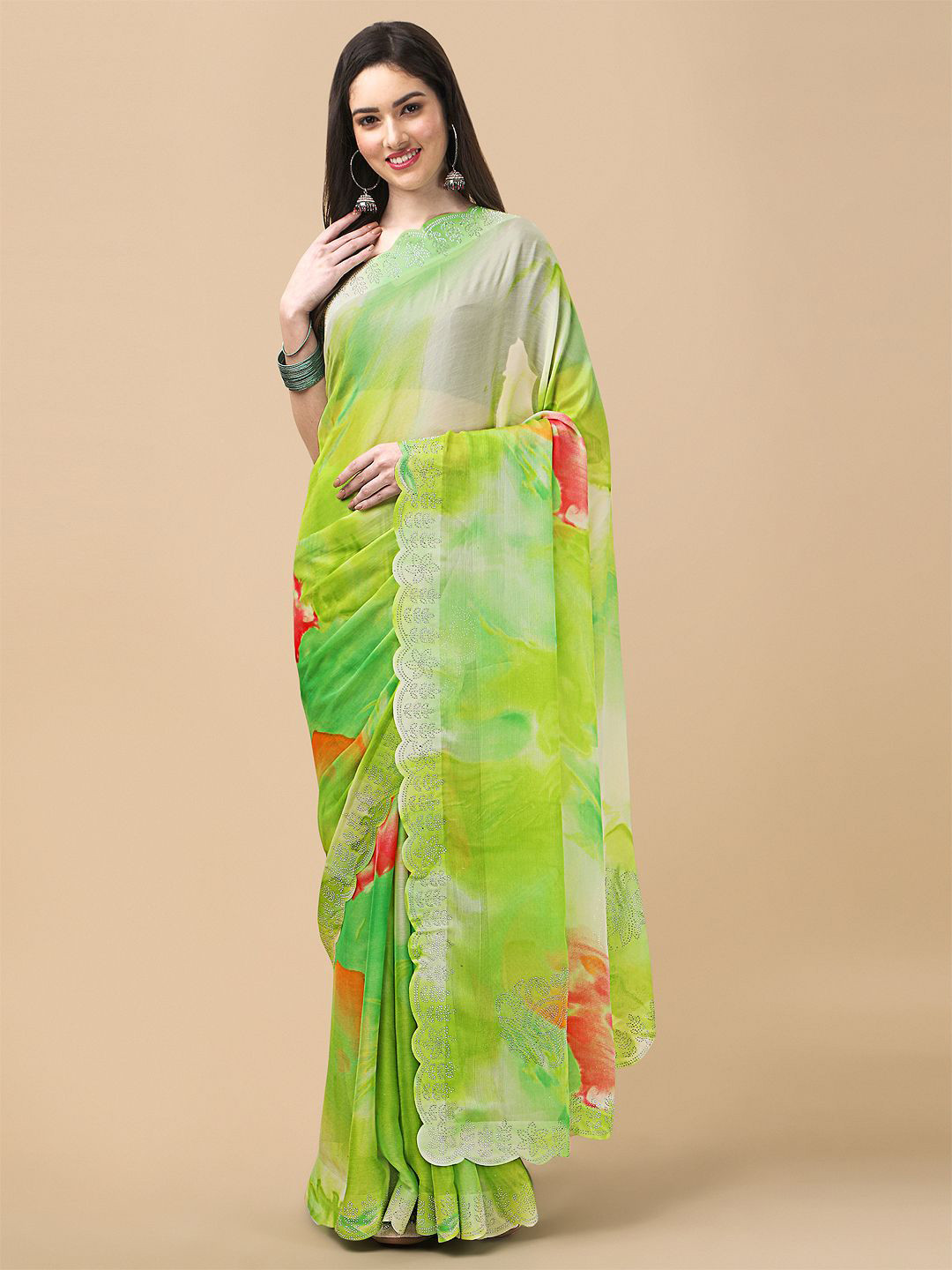 Mitera Green & Orange Tie and Dye Beads and Stones Saree