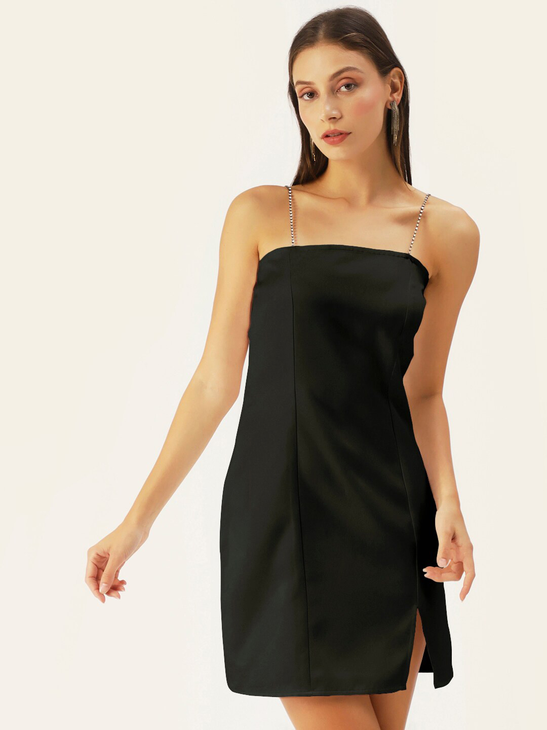 Dressberry Women Black Solid Satin Chain Strap Sheath Dress