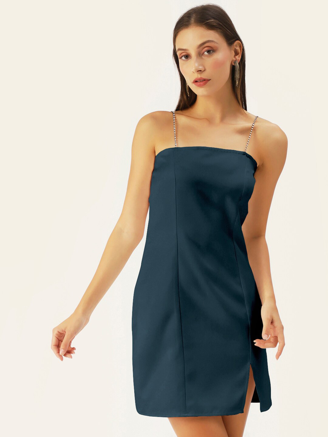 DressBerry Navy Blue Off-Shoulder Satin Bodycon Mini Dress