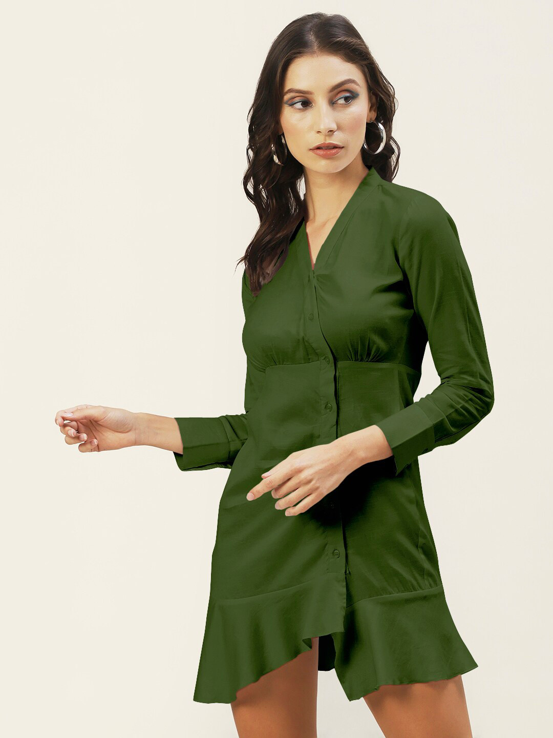 DressBerry Olive Green Shirt Mini Dress
