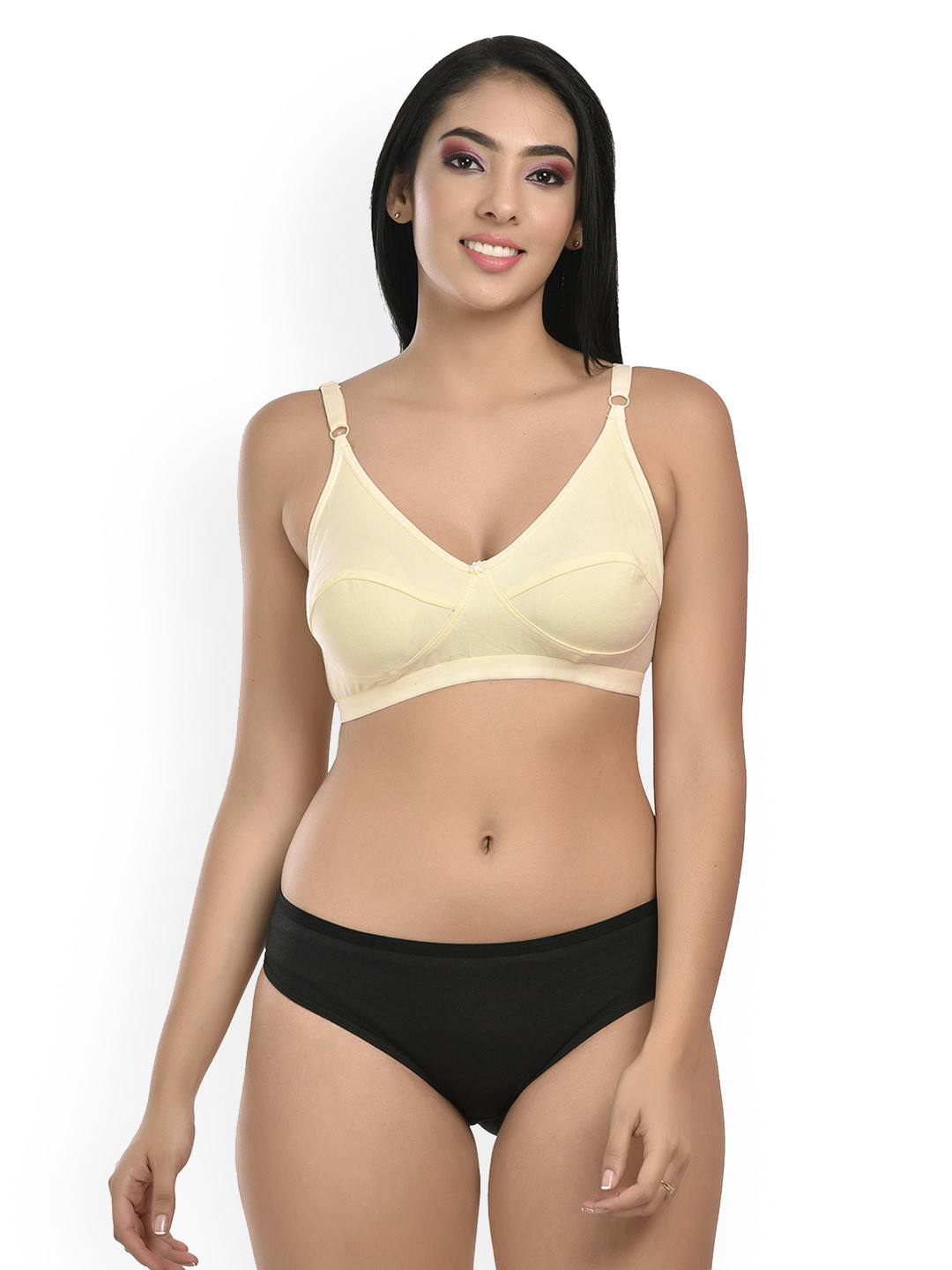 StyFun Women Beige Colored & Black Solid Non-Padded Lingerie Set