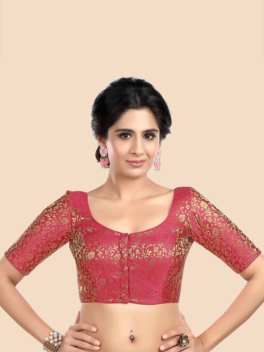 Neckbook Women Pink Woven Design Princess Cut Saree Blouse