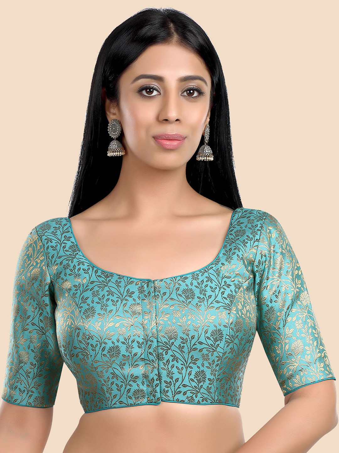 neckbook Blue Printed Brocade Padded Readymade Saree Blouse