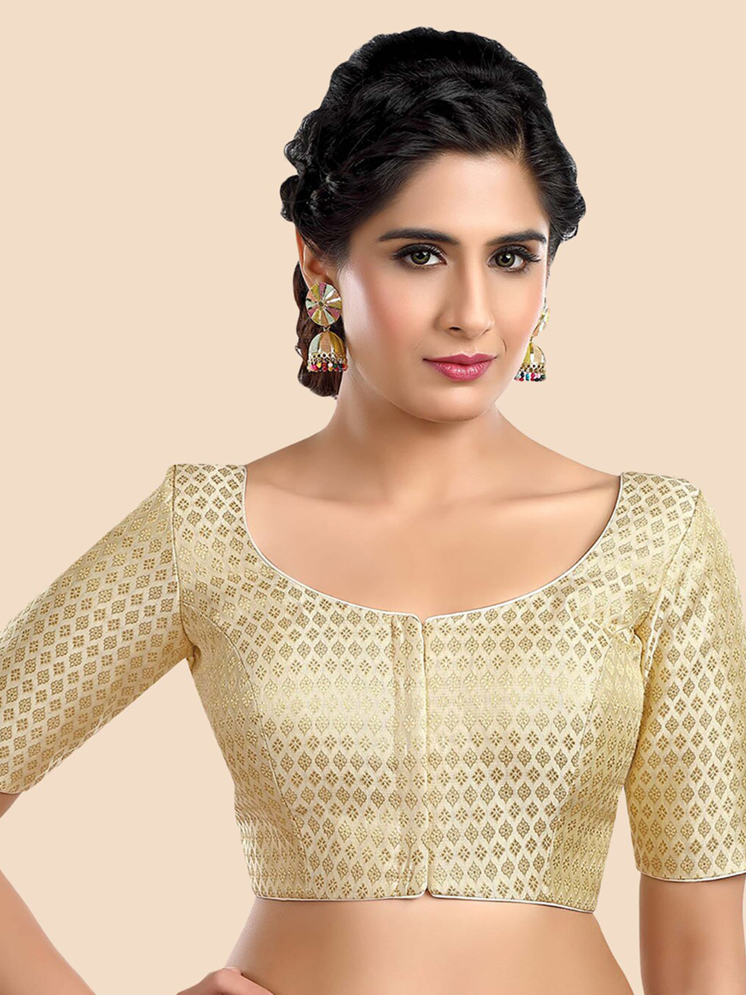 neckbook Women Cream-Coloured Woven Design Saree Blouse