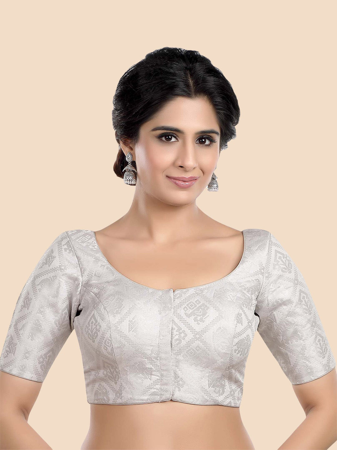 neckbook Women Silver Brocade Woven-Design Saree Blouse