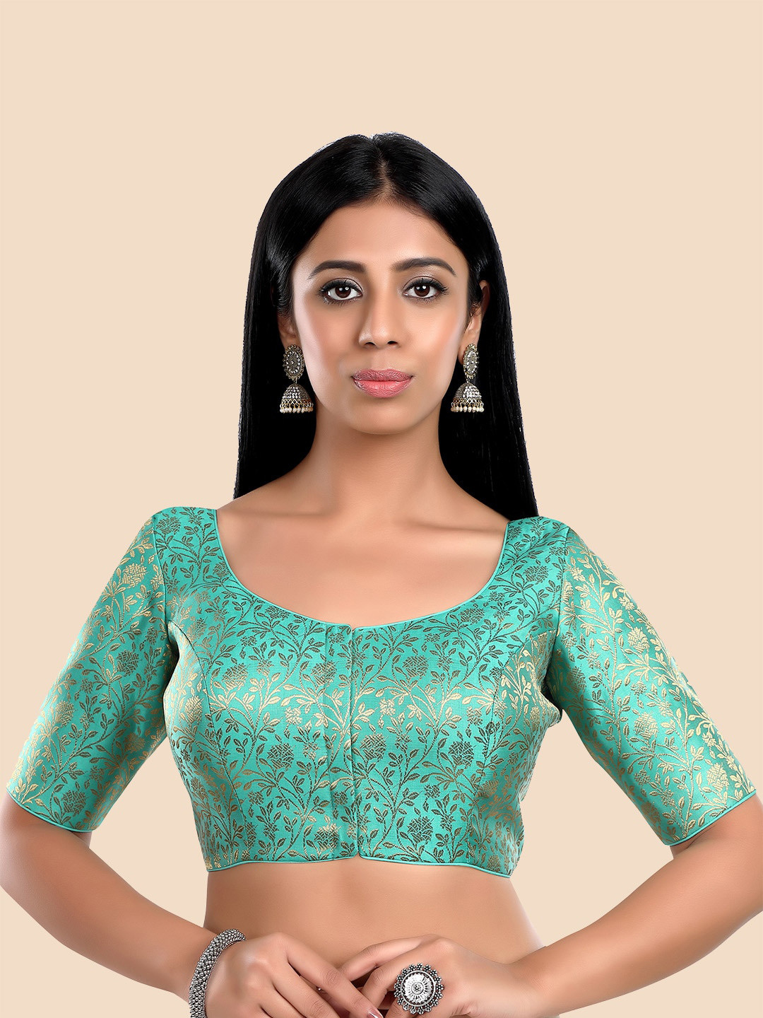 neckbook Green Woven Design Princess Cut Padded Readymade Saree Blouse