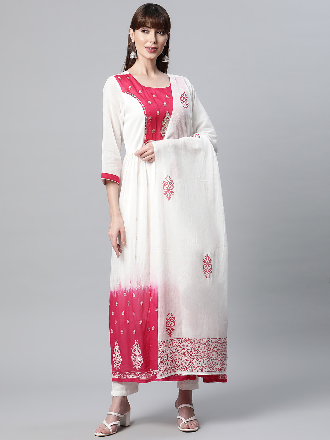 Readiprint Women White & Pink Floral Embroidered Anarkali Kurta