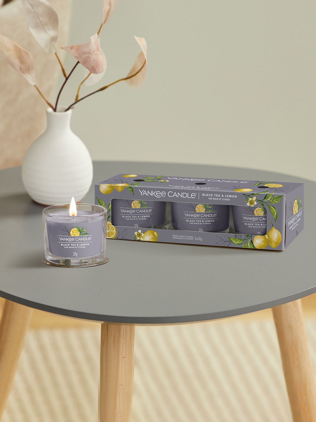 YANKEE CANDLE 3Pcs Scented 1 Wick Black Tea & Lemon Solid Geometric Regular Jar Candles