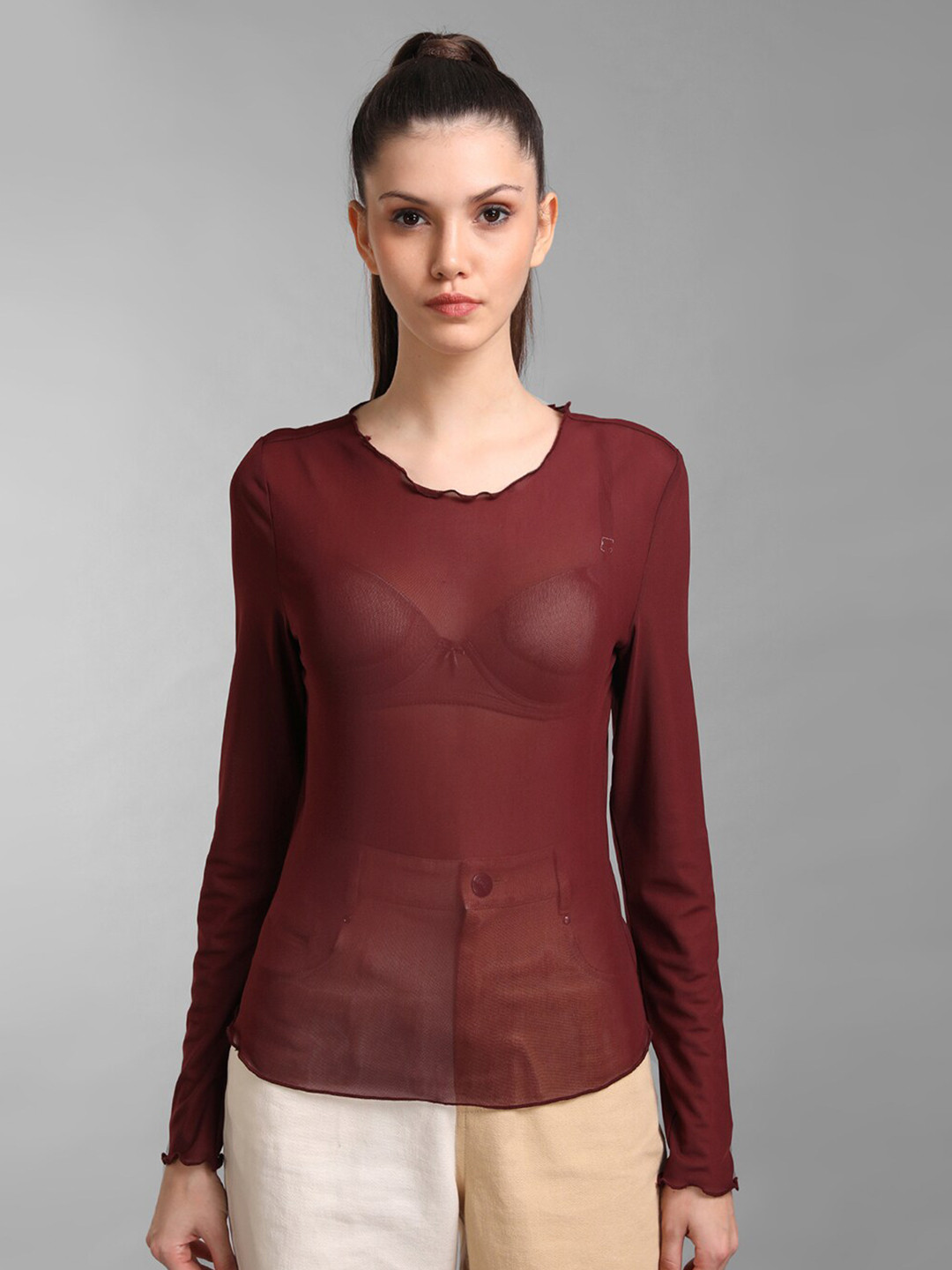 Kazo Brown Full Sleeves Mesh Top