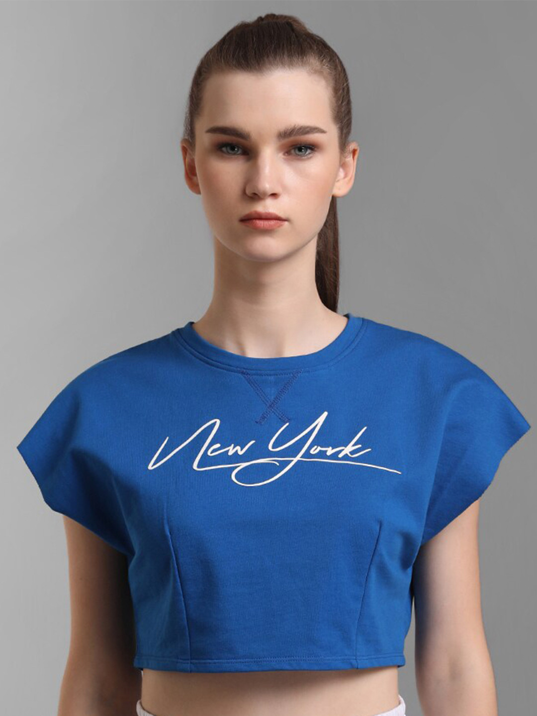 Kazo Blue Print Pure Cotton Extended Sleeves Crop Top