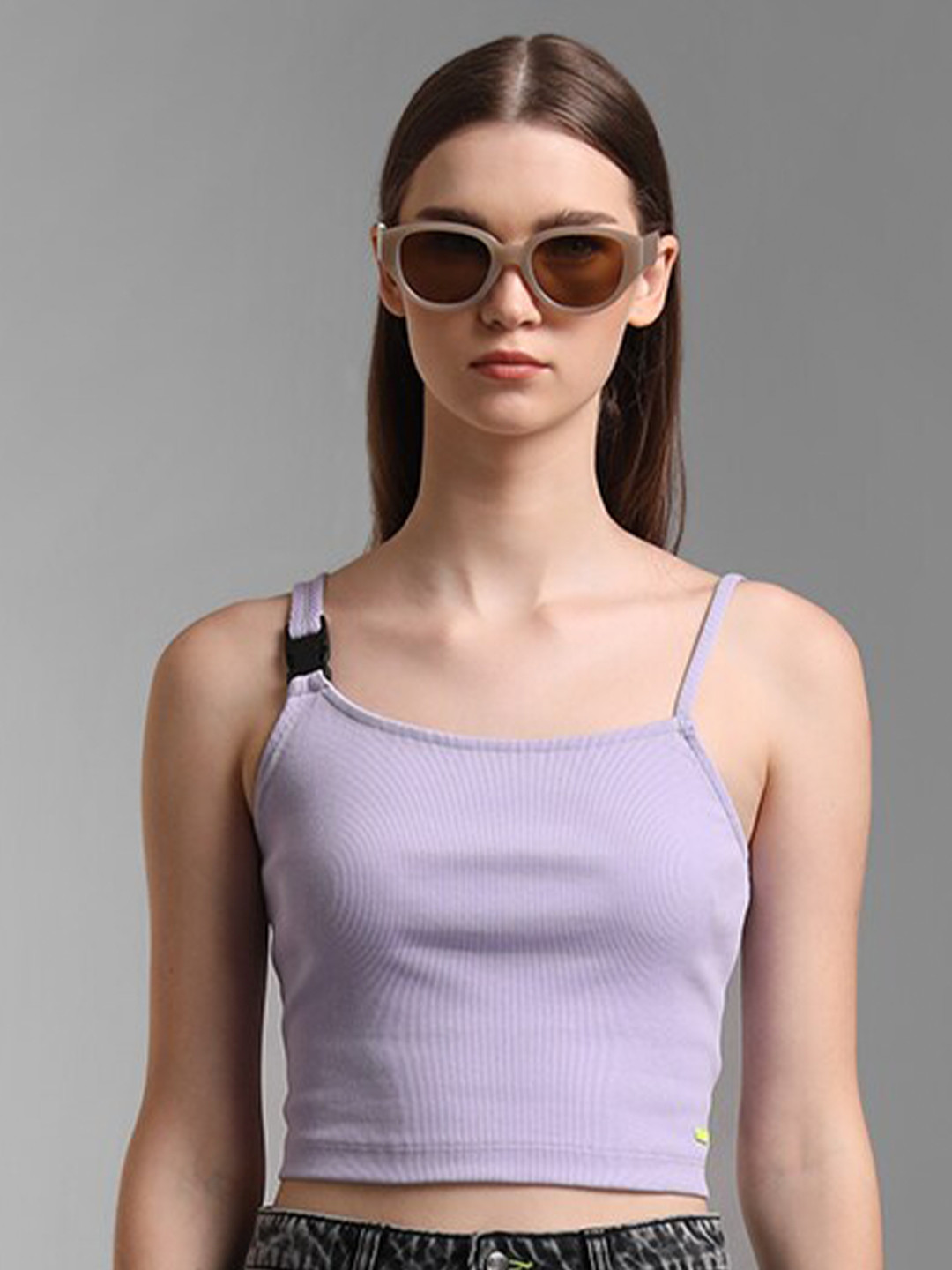 Kazo Lavender Pure Cotton Ribbed Buckle Crop Top