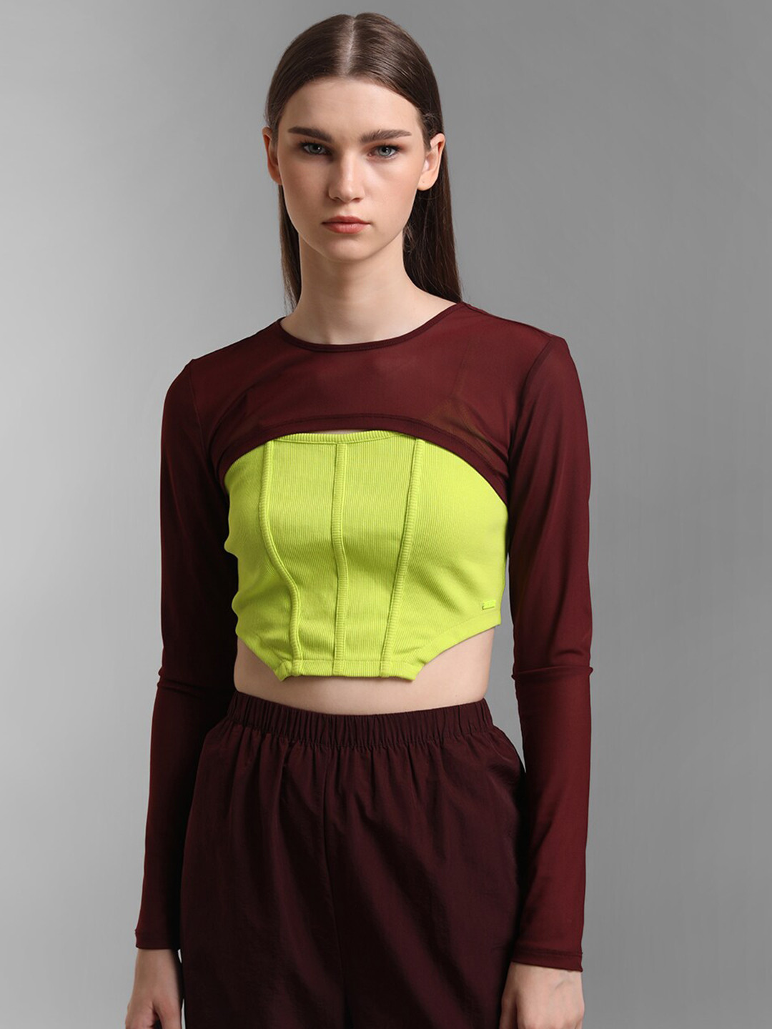 Kazo Women Maroon & Fluorescent Green Colourblocked Crop Top