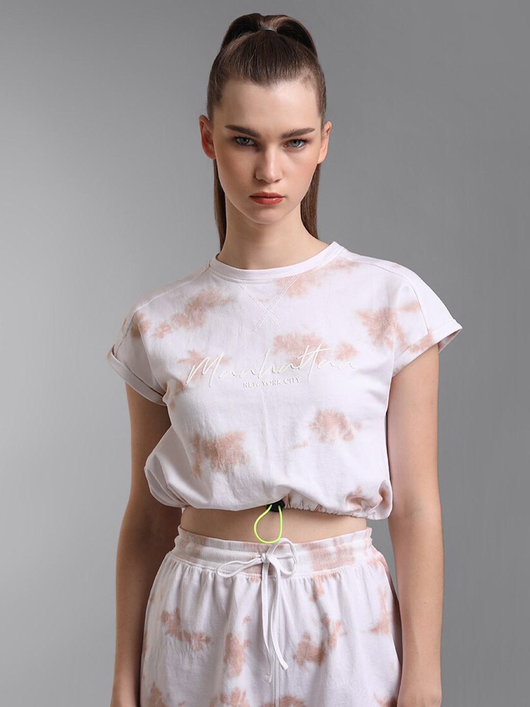 Kazo Women Beige Tie and Dye Extended Sleeves Cinched Waist Pure Cotton Top