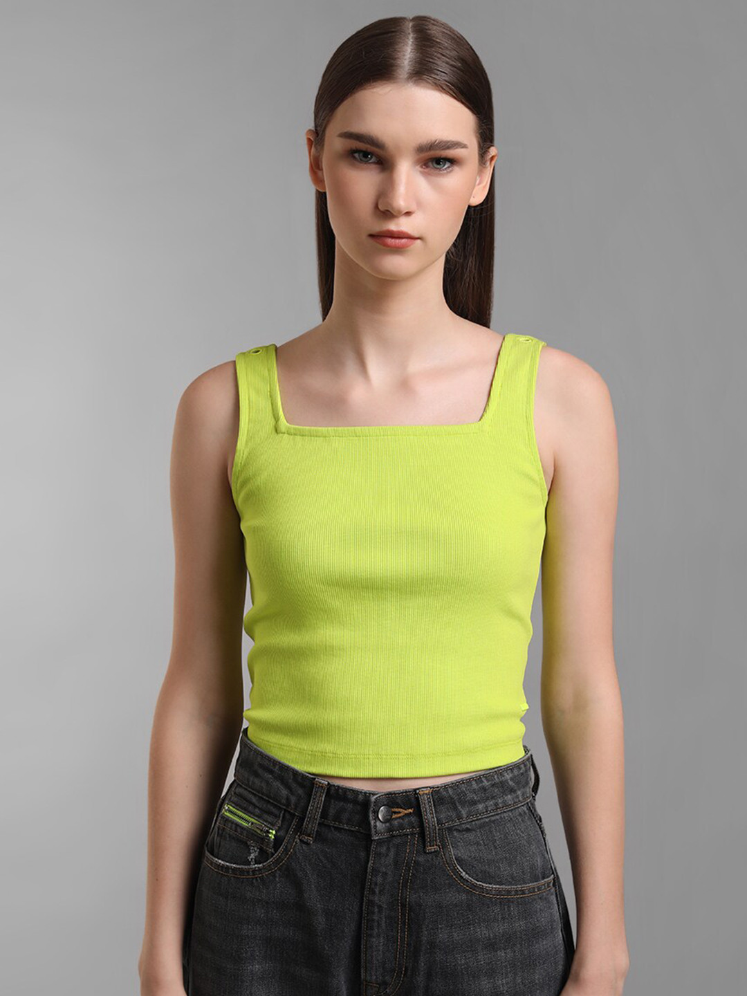 Kazo Women Fluorescent Green Tank Crop Pure Cotton Top