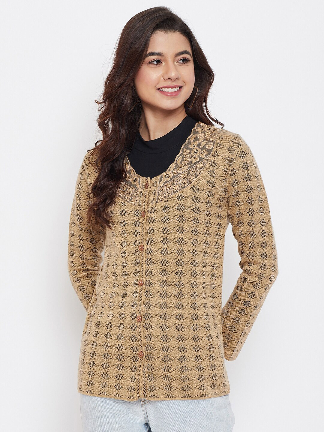 Zigo Women Beige & Black Open Knit Cardigan