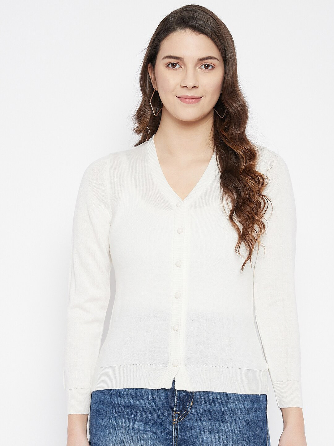 Zigo Women White Solid Woolen Cardigan