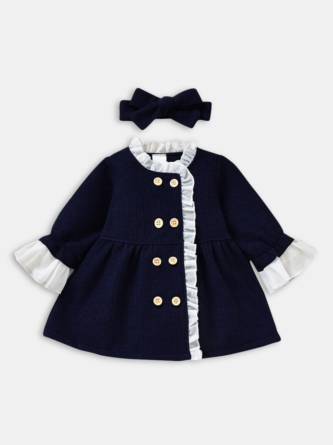 Hopscotch Girls Navy Blue & White Self-Design Knitted Longline Princess Coat