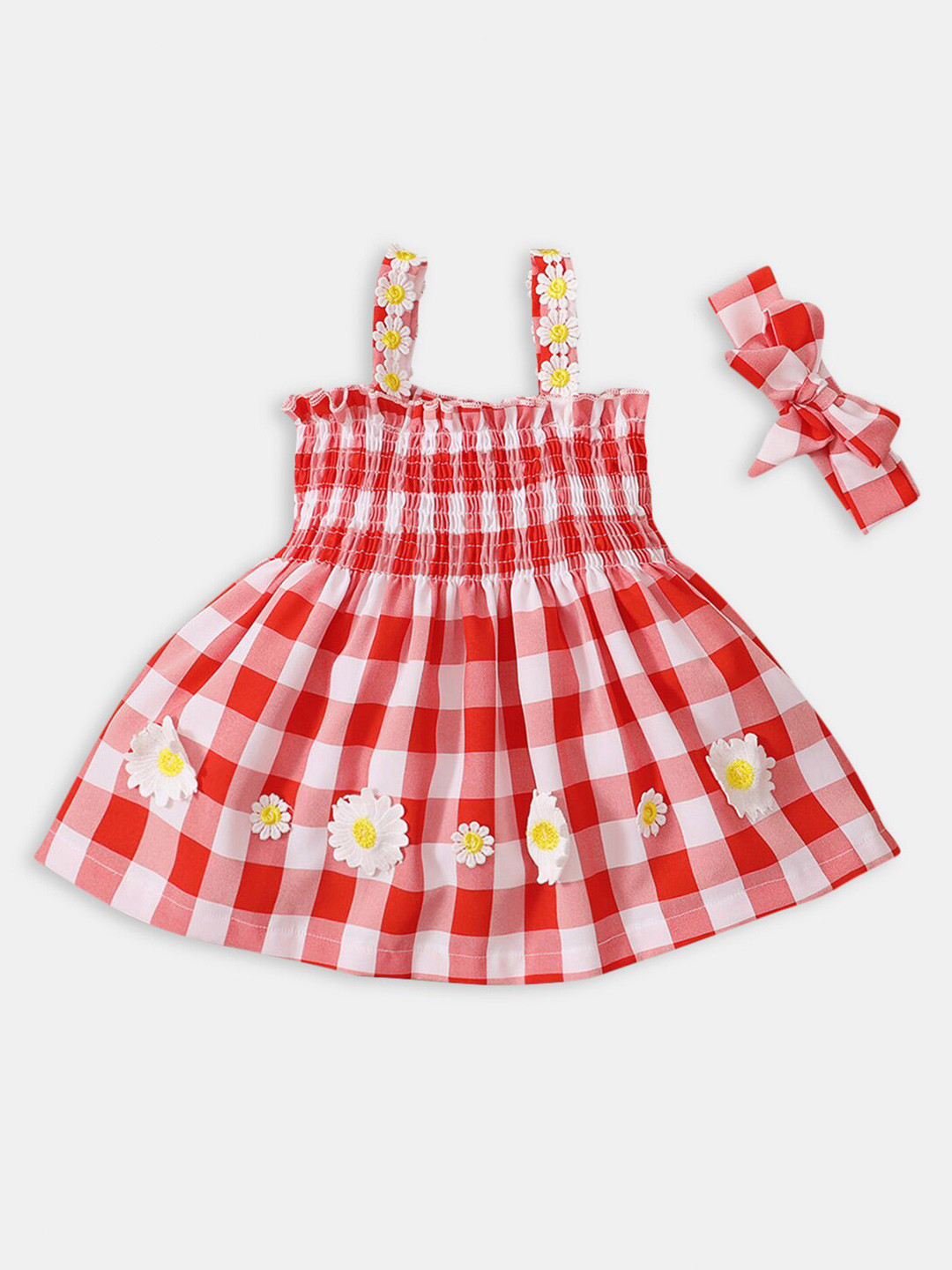 Hopscotch Girls Red & White Checked Dress With Headband
