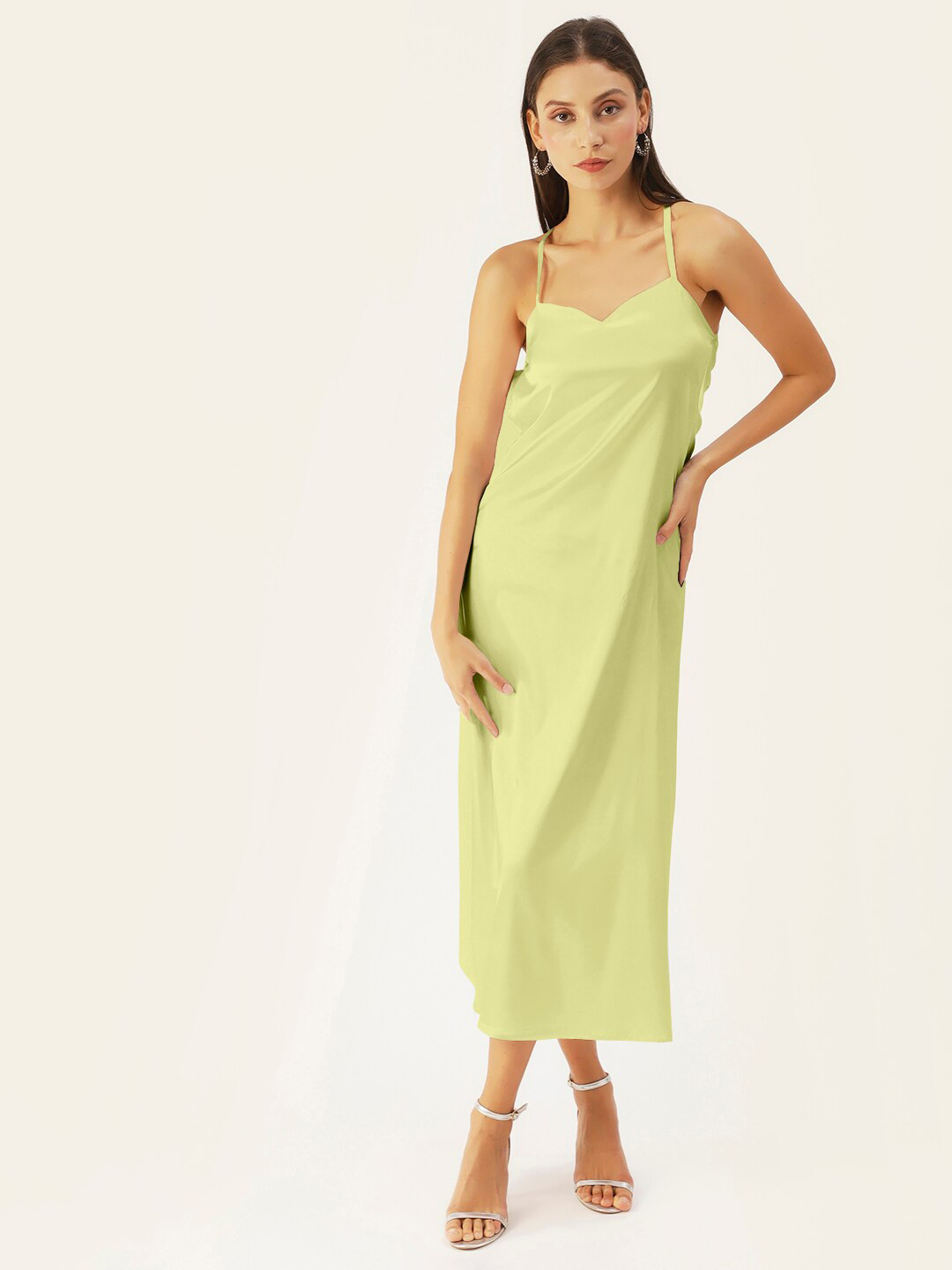 DressBerry Cream-Coloured Satin A-Line Midi Dress
