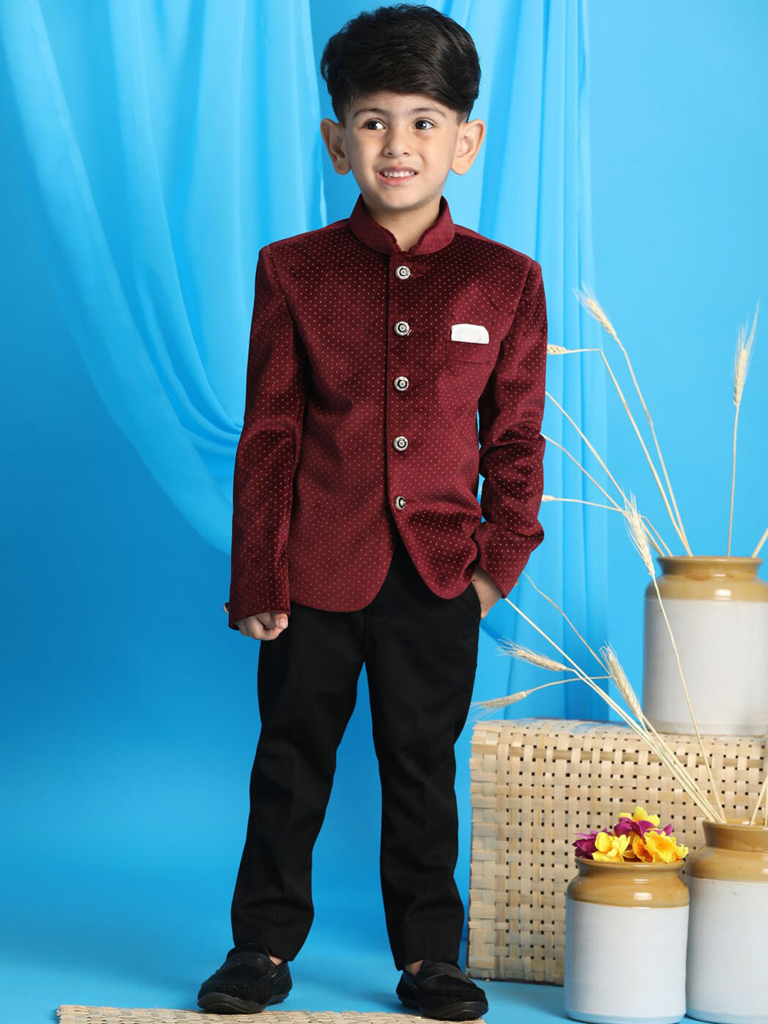 VASTRAMAY Boys Maroon Red Printed Slim-Fit Single-Breasted Blazers