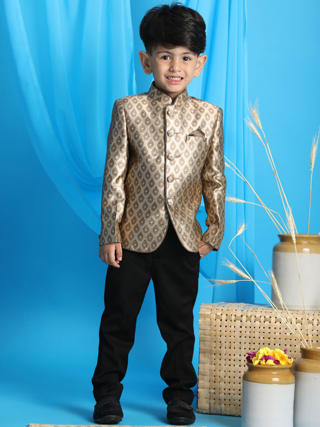 VASTRAMAY Boys Coffee Brown Printed Slim-Fit Blazer