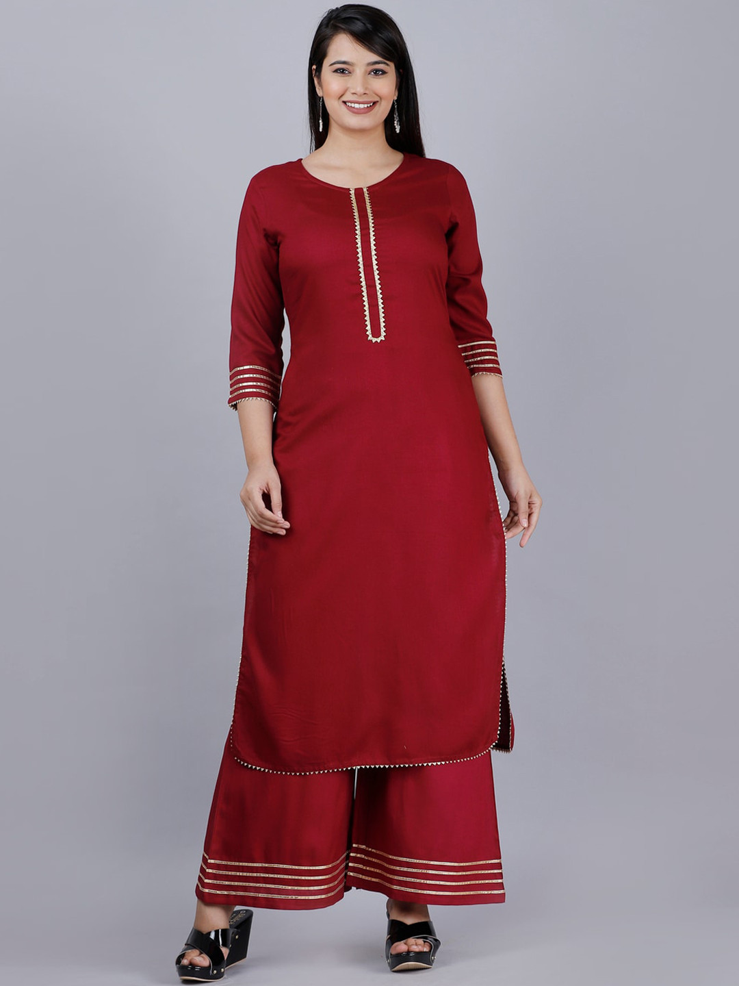 MAUKA Women Maroon Solid Rayon Kurta with Palazzo Set