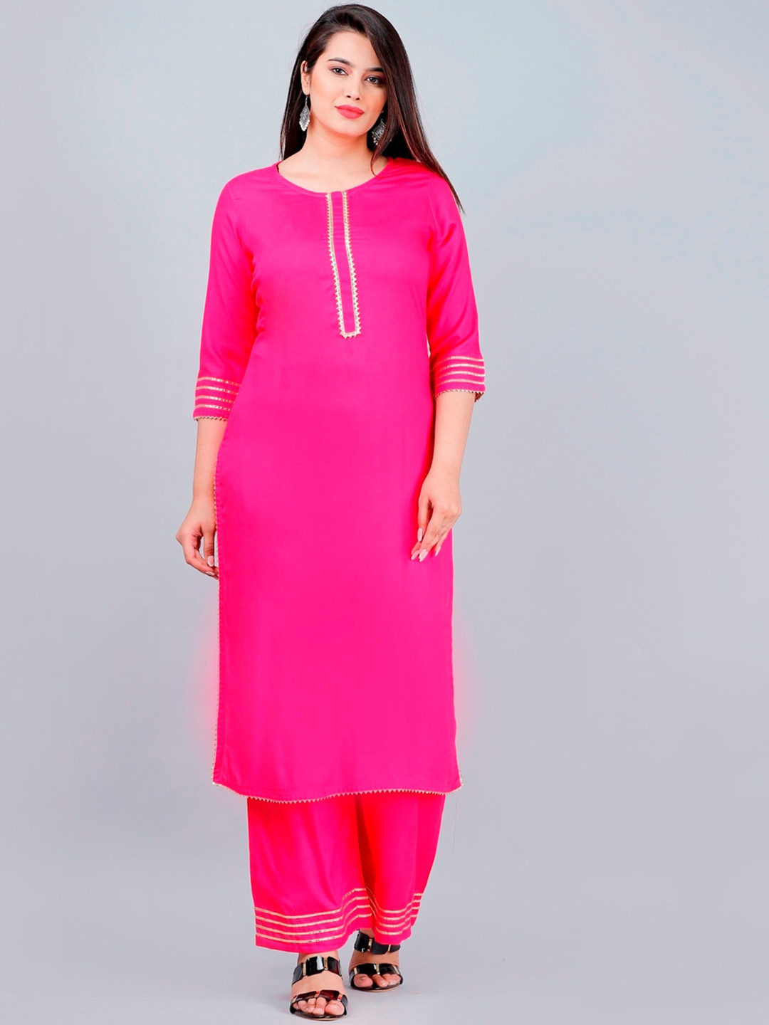 MAUKA Women Pink Solid Straight Cut Gotta Patti Kurta with Palazzos