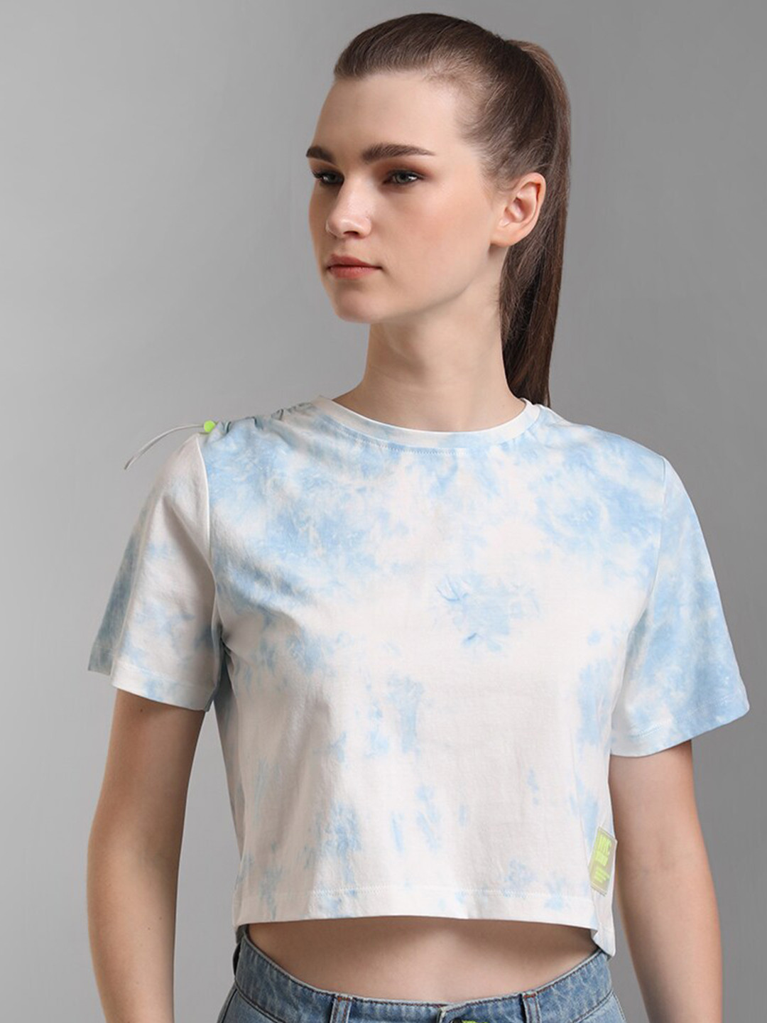 Kazo Women White Tie and Dye Dyed Boxy Cotton T-shirt