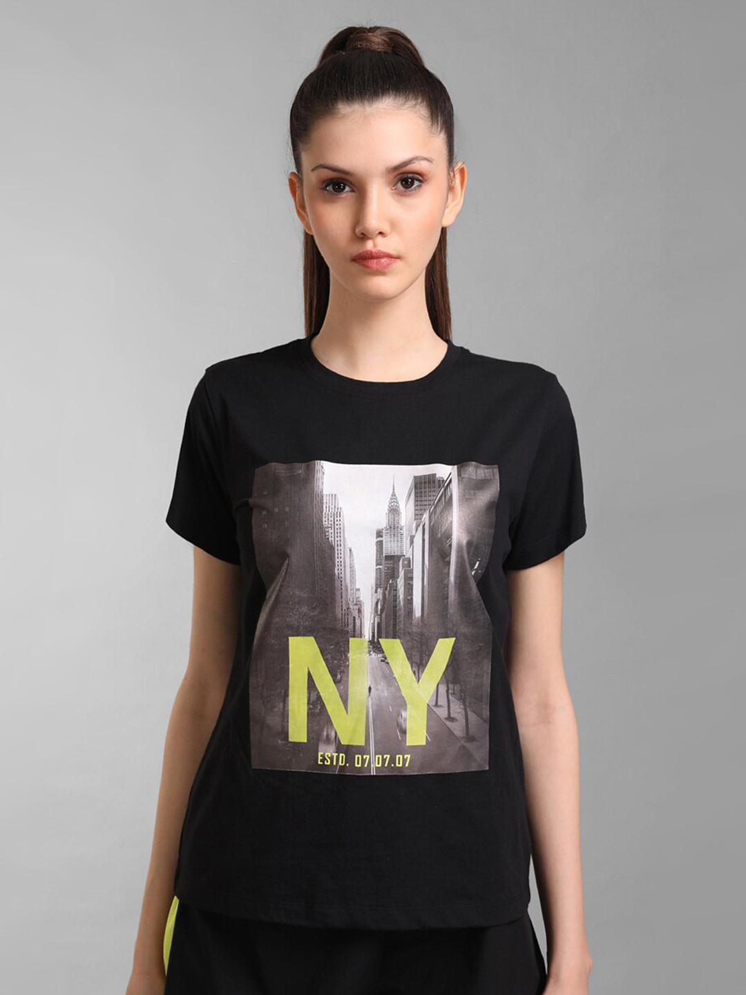 Kazo Women Cotton Black Printed T-shirt
