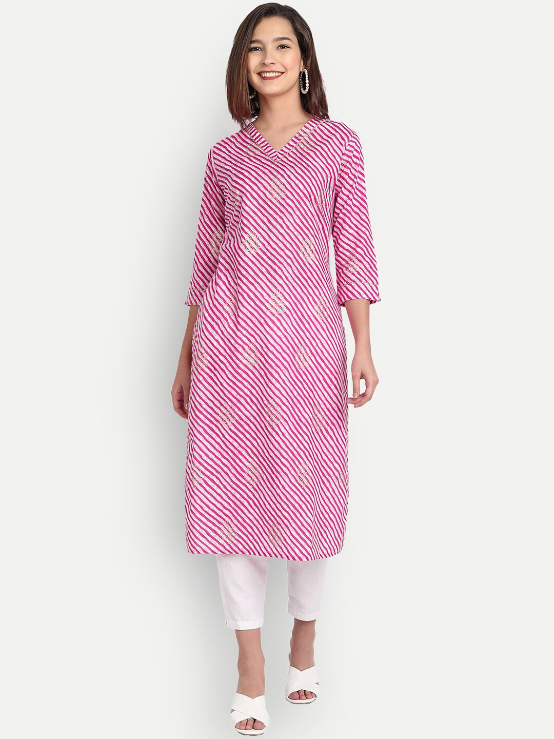 Haute and Humble Women Pink Leheriya Printed Gotta Patti Straight Fit Cotton Kurta