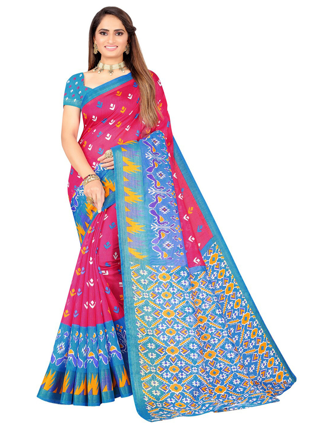 Florence Pink & Blue Ethnic Motifs Art Silk Ikat Saree