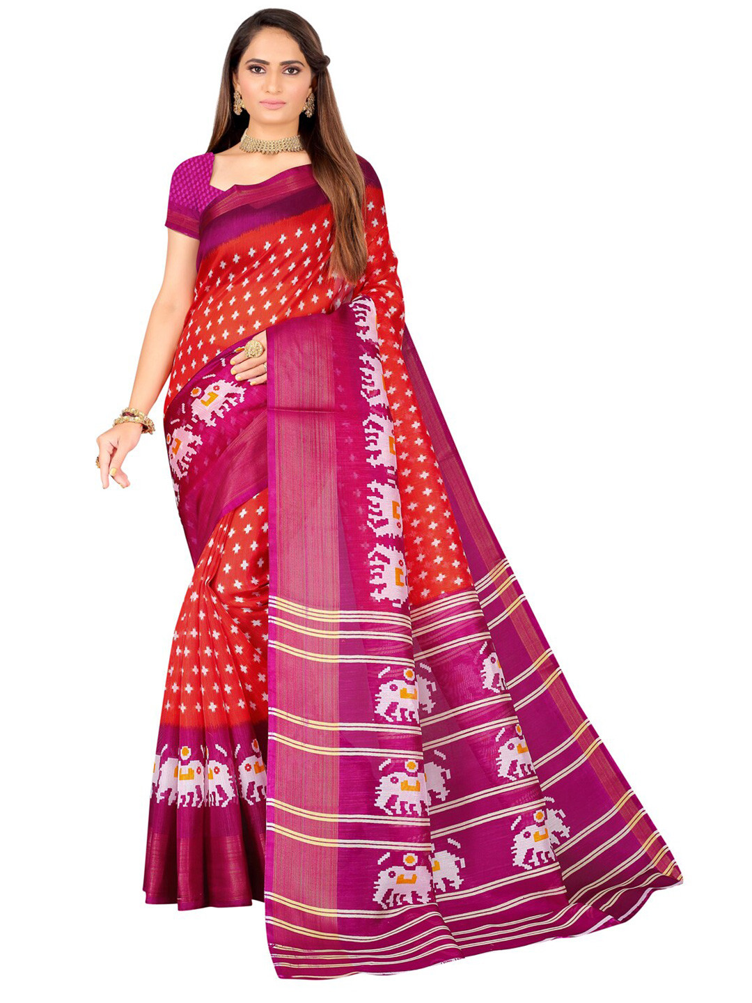 Florence Orange & Purple Ethnic Motifs Zari Art Silk Ikat Saree