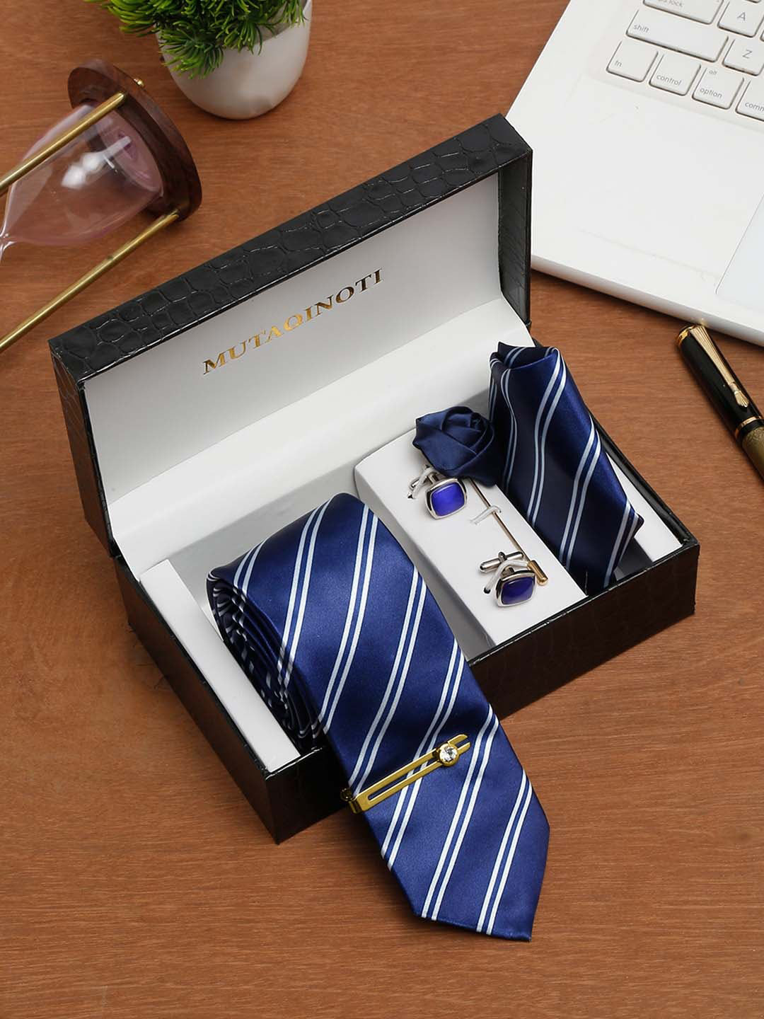 MUTAQINOTI Men Striped Dark Blue Silk Blend Necktie Accessory Gift Set