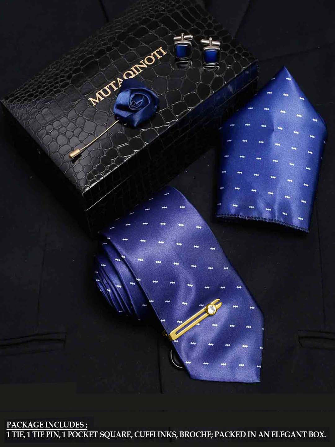 MUTAQINOTI Men Micro Geometric Print Silk Blend Necktie Accessory Gift Set