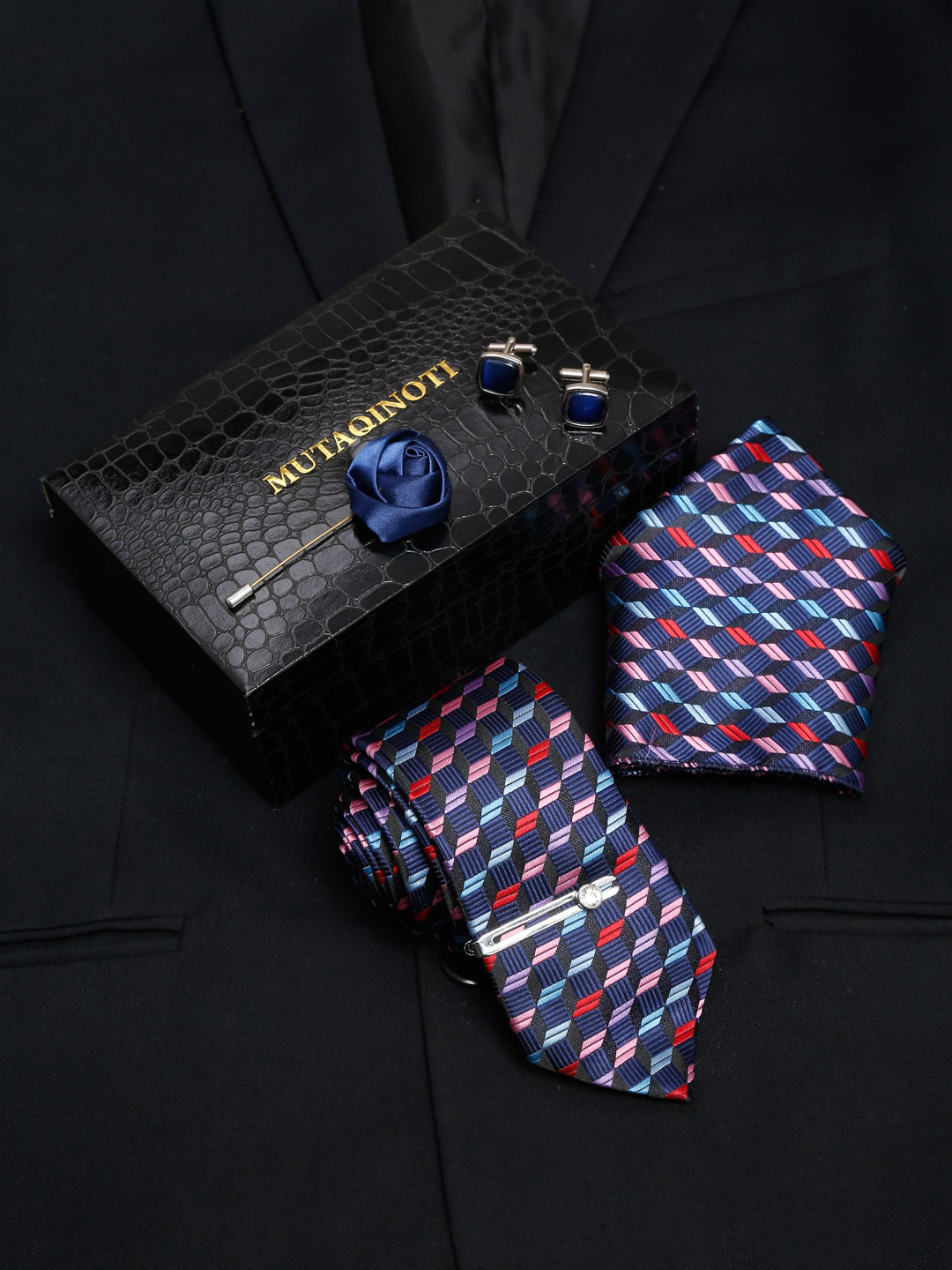 MUTAQINOTI Men Multi Blue Silk Necktie Accessory Gift Set