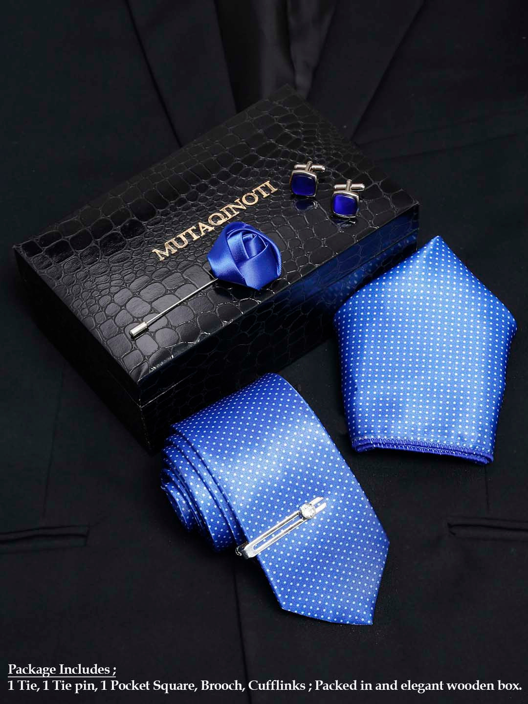 MUTAQINOTI Men Polka Dot Blue Silk Blend Necktie Accessory Gift Set
