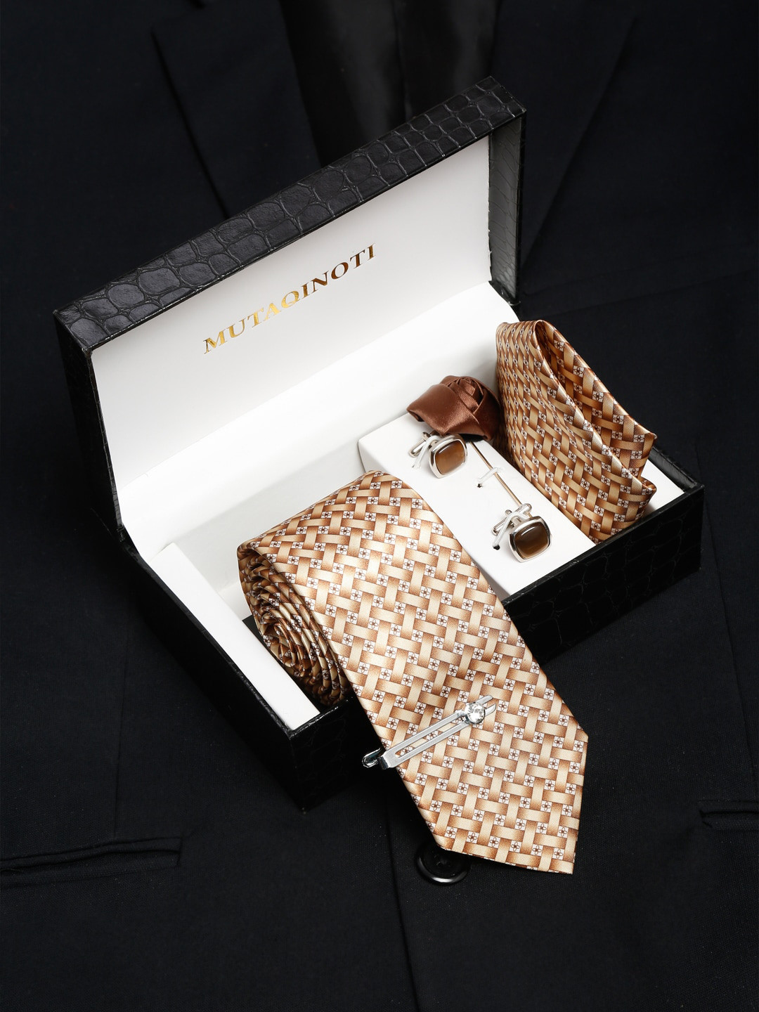 MUTAQINOTI Men Stripes Beige Silk Blend Necktie Accessory Gift Set