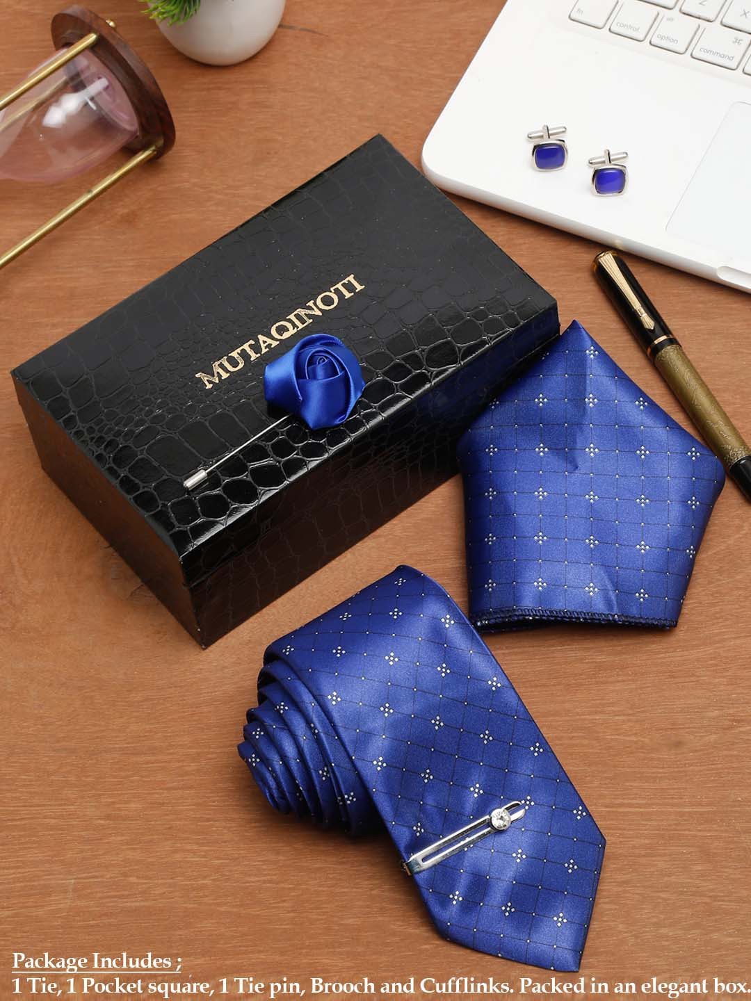 MUTAQINOTI Men Square Checkered Blue Silk Blend Necktie Accessory Gift Set
