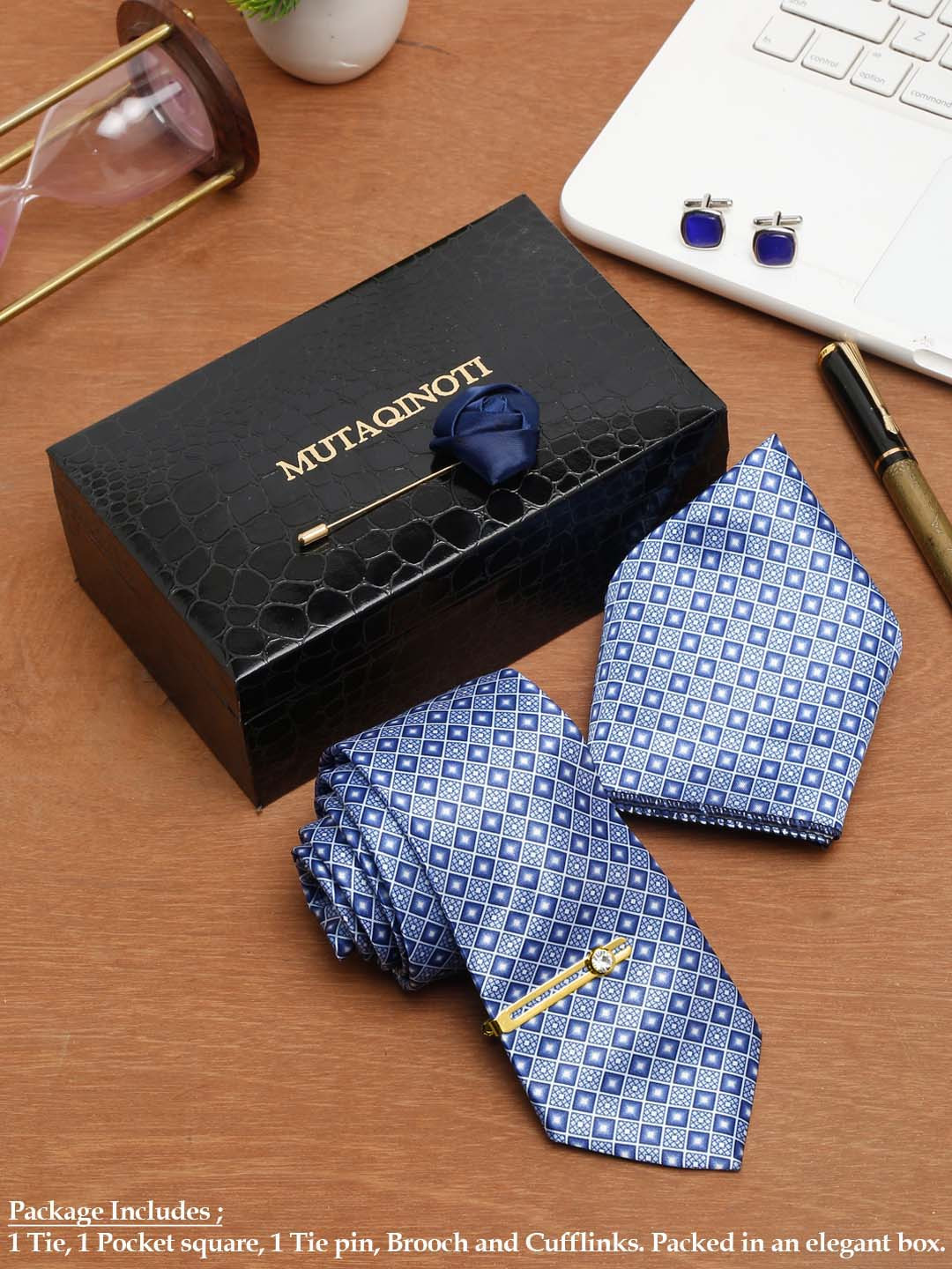 MUTAQINOTI Men Moonlight Blue Silk Blend Necktie Accessory Gift Set