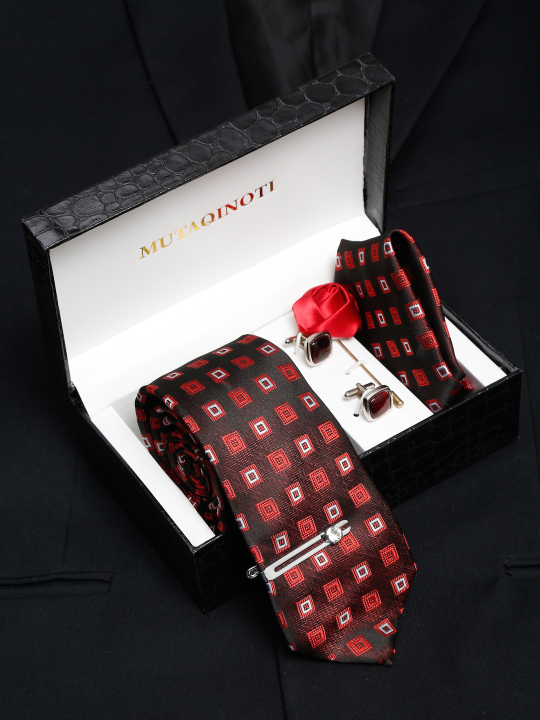 MUTAQINOTI Men Square Brown Silk Necktie Accessory Gift Set