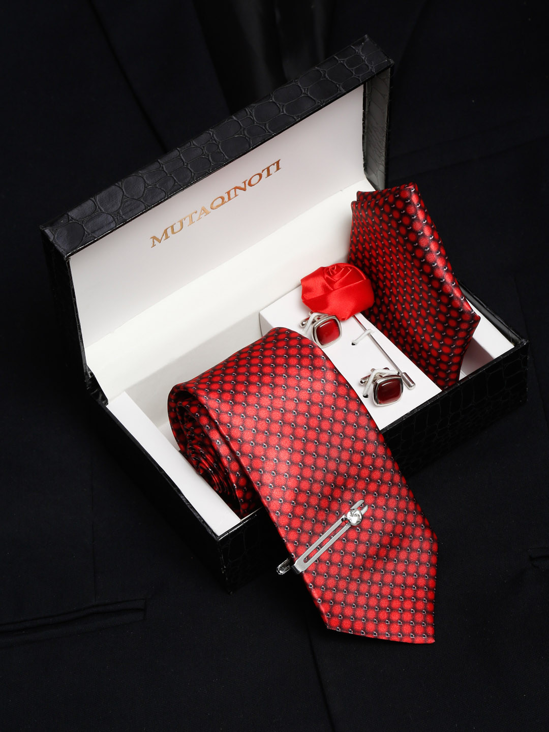 MUTAQINOTI Men Red Formal Tie Accessory Gift Set