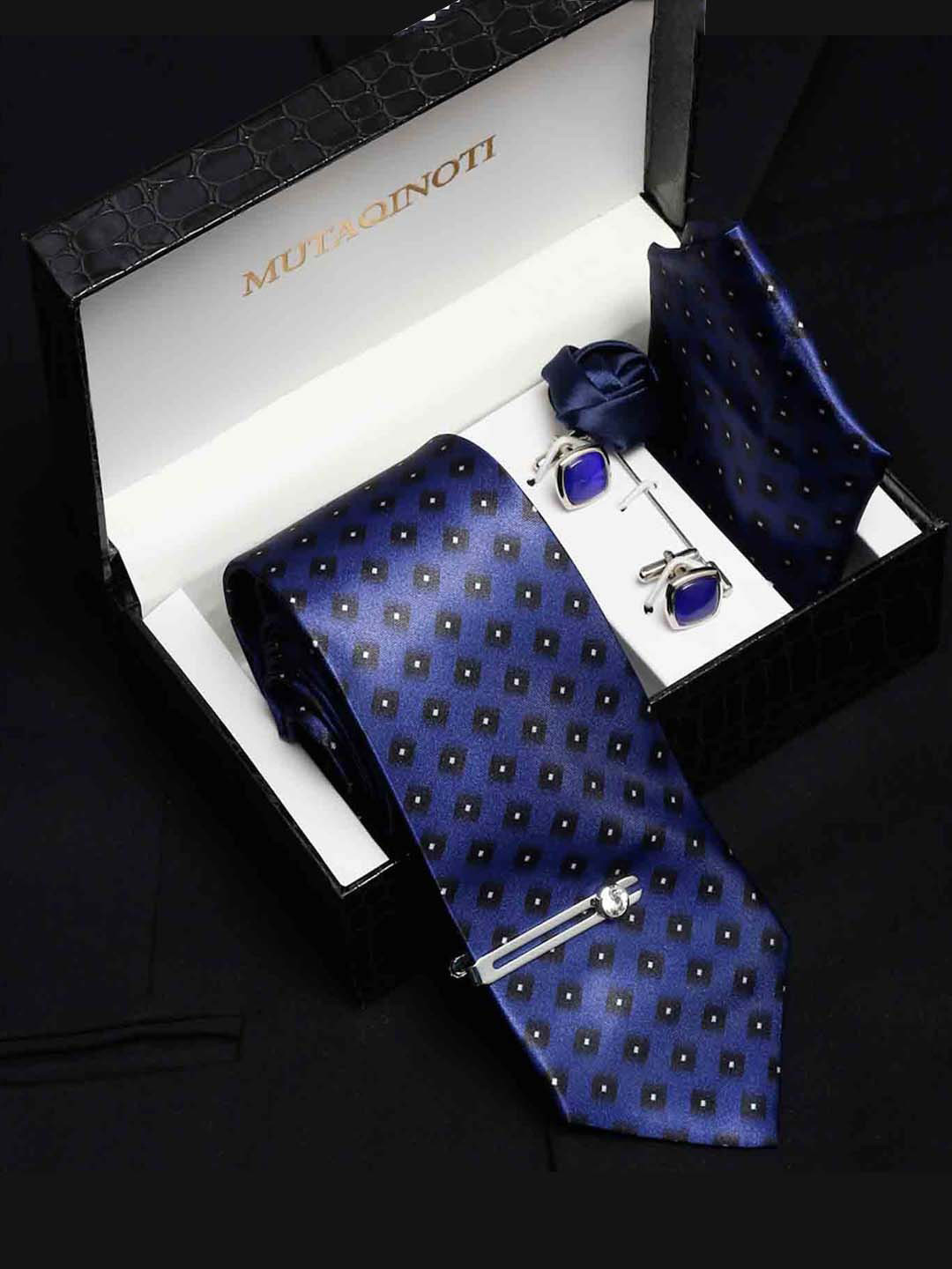 MUTAQINOTI Men Checks Highlighted Blue Silk Blend Necktie Accessory Gift Set