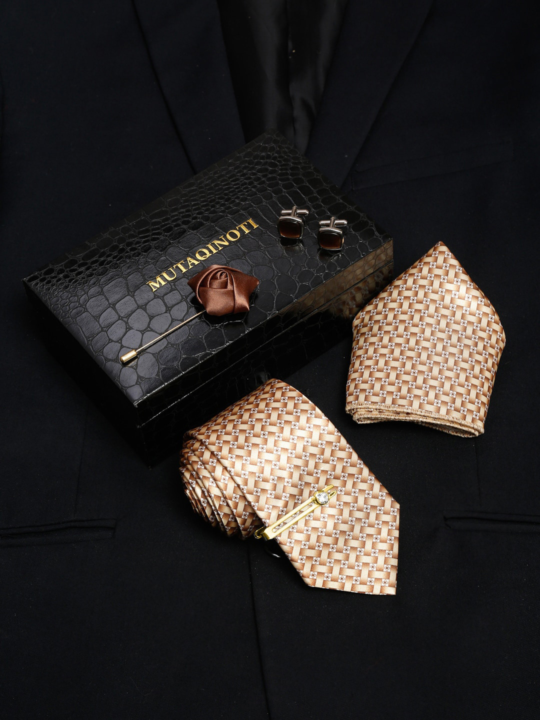 MUTAQINOTI Men Stripes Beige Silk Blend Necktie Accessory Gift Set