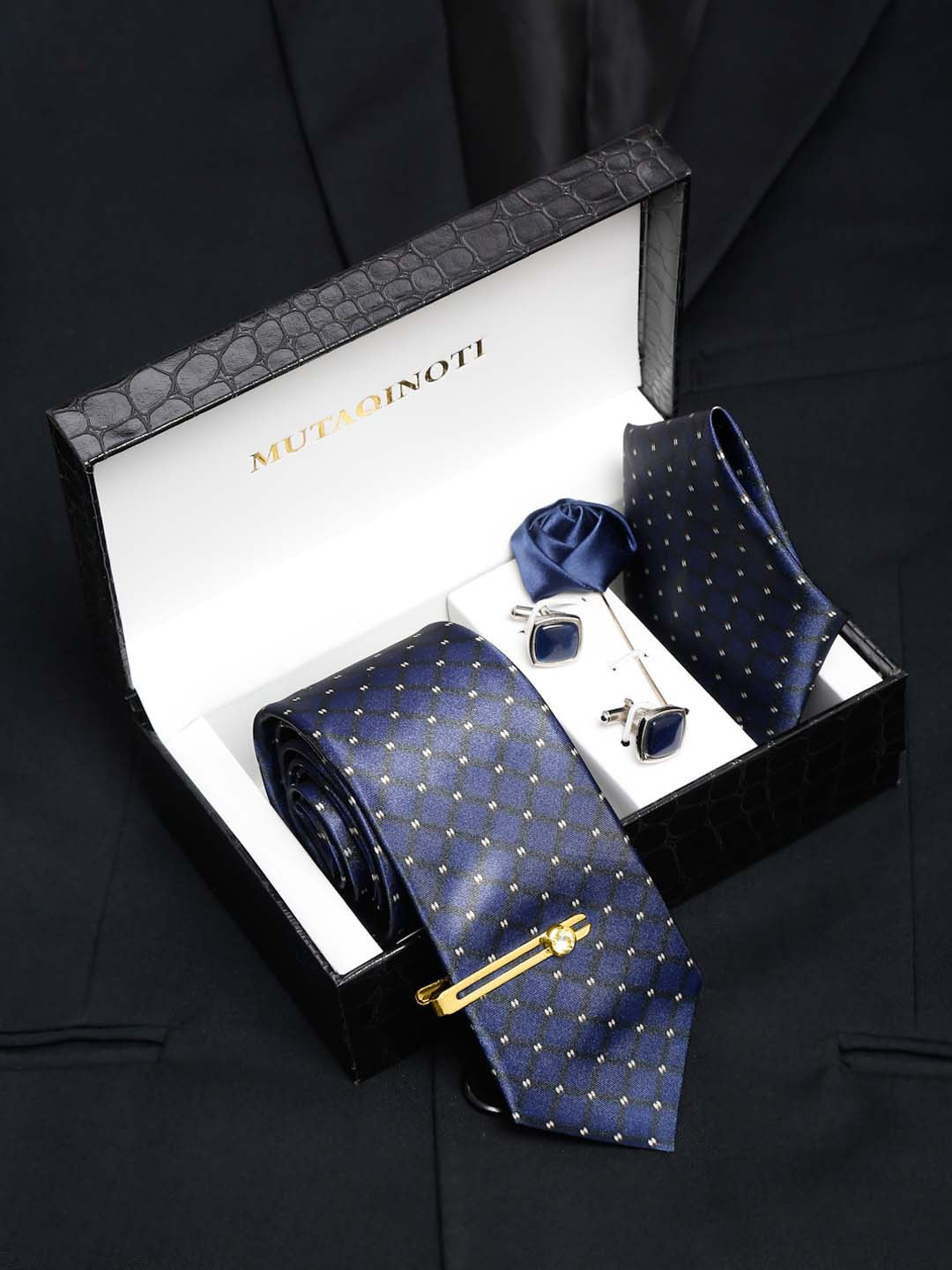 MUTAQINOTI Men Checked & Micro Print Silk Blend Necktie Accessory Gift Set