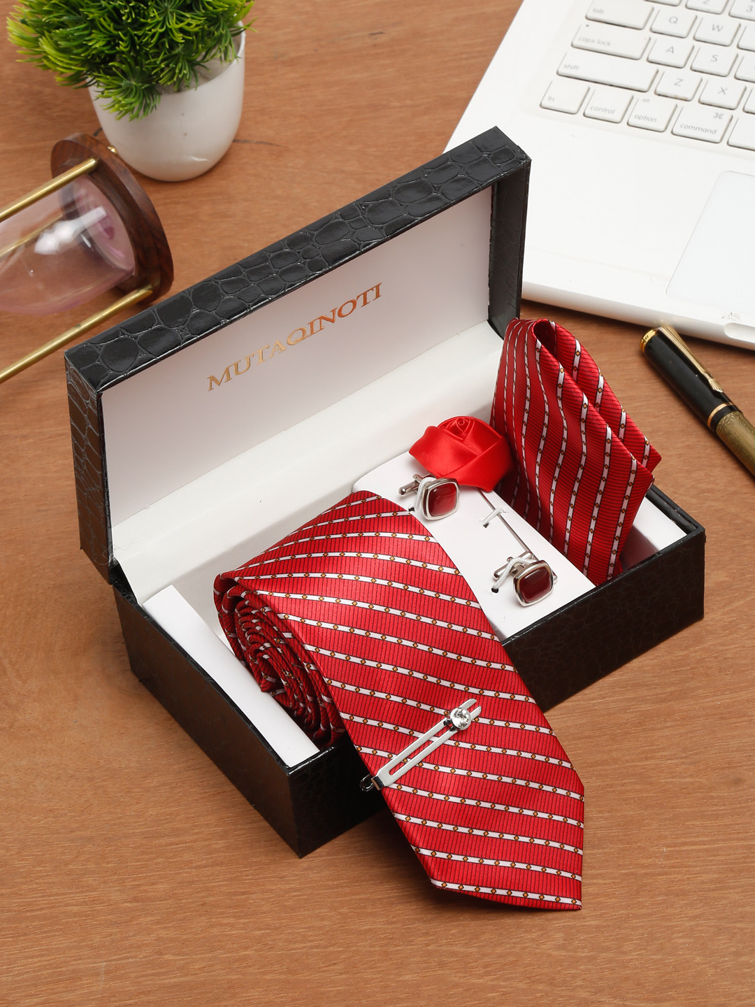 MUTAQINOTI Men Printed Stripes Silk Blend Necktie Accessory Gift Set