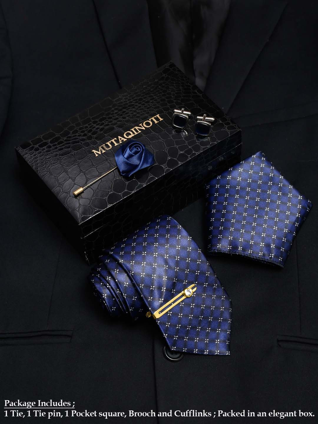 MUTAQINOTI Men Floral Checks Blue Silk Blend Necktie Accessory Gift Set