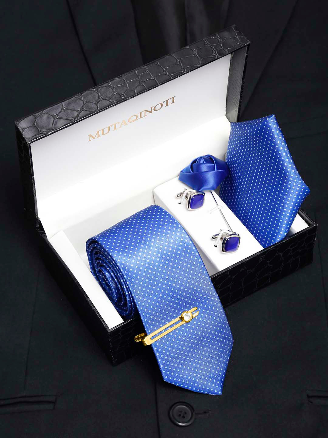 MUTAQINOTI Men Micro Polka Dot Print Silk Blend Necktie Accessory Gift Set