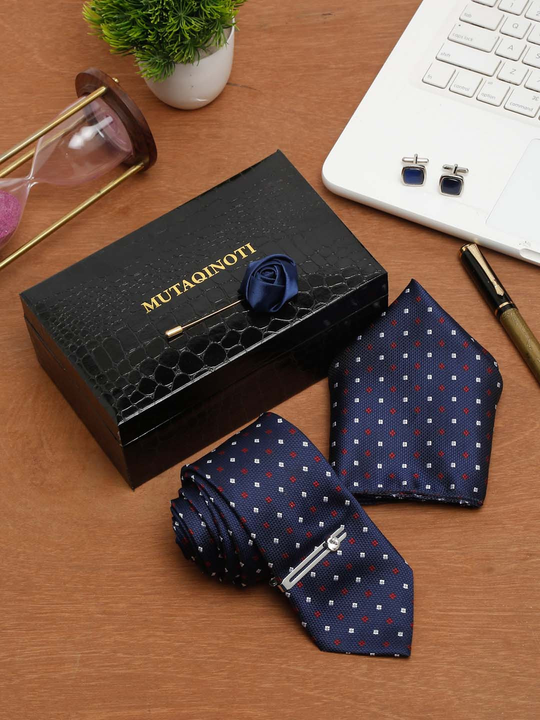 MUTAQINOTI Men Geometric Textrured Silk Necktie Accessory Gift Set