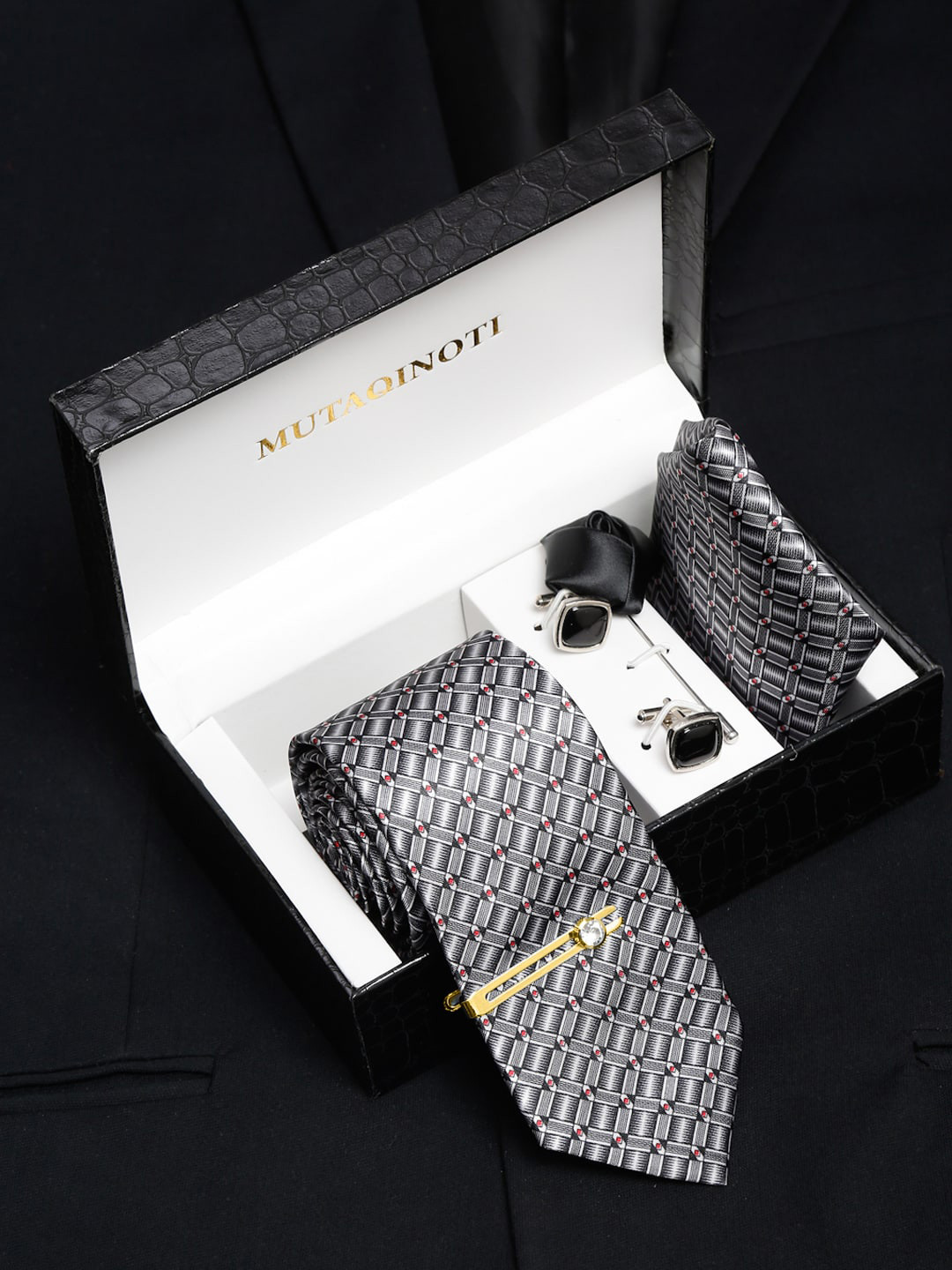 MUTAQINOTI Men Shaded Black Silk Blend Necktie Accessory Gift Set